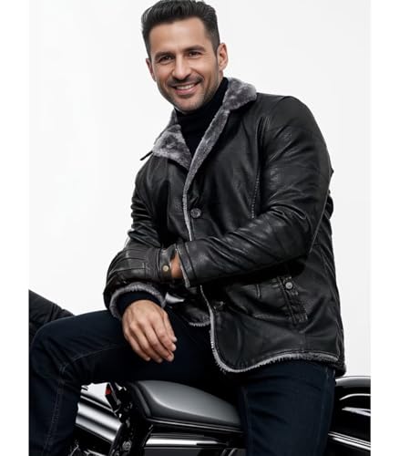 Image of INVACHI Leather Jacket Men Faux Leather Fur Collar Mid-Length Jacket Padded Lining Winter Warm Lapel Trench Coat