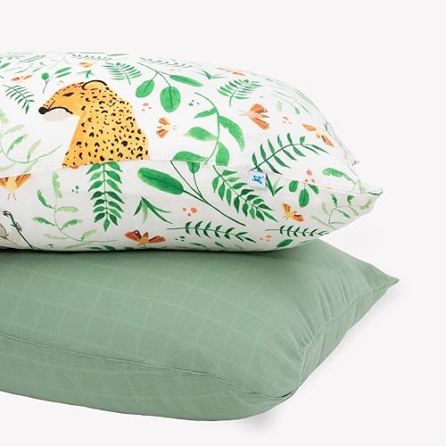 Image of Little Unicorn Standard Pillowcase 2 Pack | Super Soft & Breathable Muslin Fabric | Snug Envelope Closure | for Crib and Toddler Bed (Mighty Jungle)