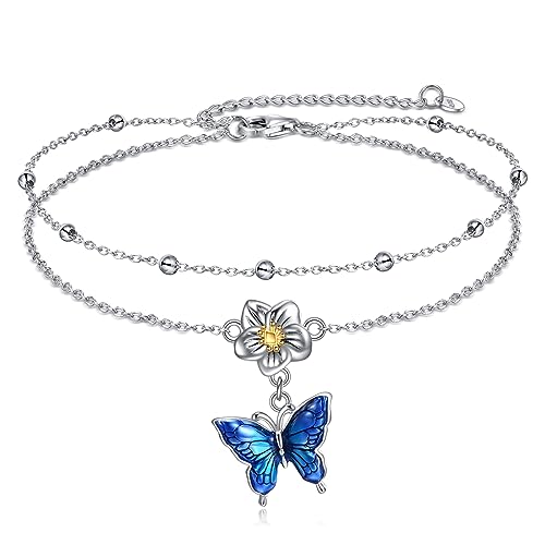 Image of YAFEINI Anklet Bracelets for Women Girls Sterling Silver Hummingbird /Dragonfly /Butterfly Link Chain Anklets Jewelry Gifts