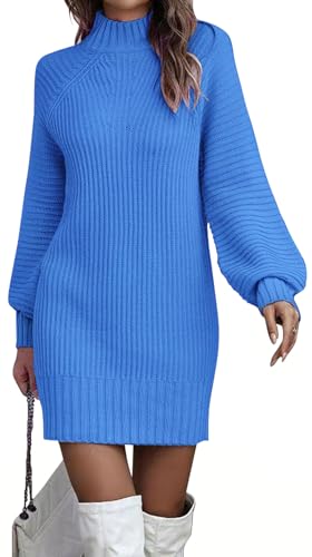 ELFIN Strickkleid Damen Rollkragen Langer Pullover Puff Ärmel Winter Pulloverkleid Freizeitkleid Langarm Strick Kleider Minikleid (S, Hellblau)