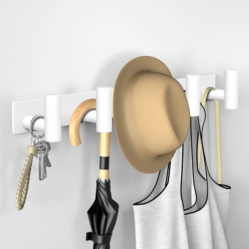 Image of VAEHOLD Hat and Coat Wall Mount Rack - Hooks for Robes, Bags, Keys, and Towels - Bathroom Towel Hanger Organizer (White, inchT inch Shape 5 Hooks 2 Pack)