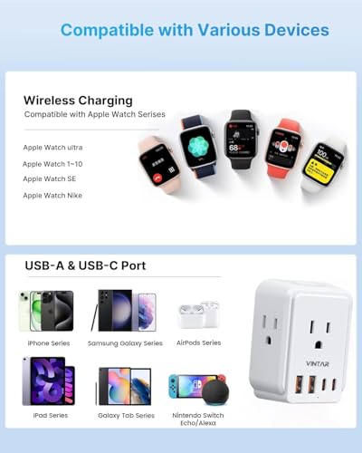 Image of Universal Travel Adapter Kit for Apple Watch Charger, VINTAR International Power Adapter with 3 AC Outlets 4 USB Ports (2 USB C), Type A /B /C /D /G /I /M Detachable Plugs, US to Europe /UK /India /Africa