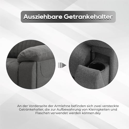 Consofa Fernsehsessel Elektrisch Verstellbar Massagesessel Mit Liegefunktion Vibration Heizung Relaxsessel Mit Versteckte GeträNkehalter Typ C & USB-AnschlüSse Tv Sessel FüR Wohnzimmer (Grau) – Bild 6