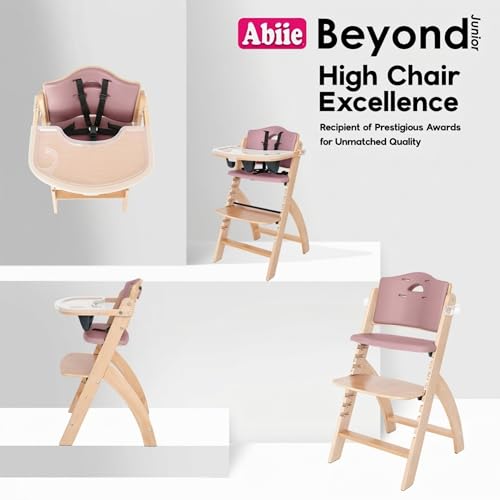 Image of Abiie Beyond Junior Wooden High Chair for Babies and Toddlers - Convertible 3-in-1 Baby Highchair with Removable Tray - 6 Months to 250 Lb - Water Resistant - Natural Wood with Dusty Pink Cushion