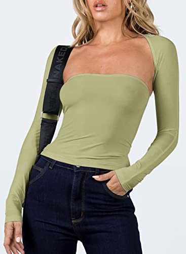 Dokotoo Spring Tops For Women Girls Solid Long Sleeve Open Front Shrug T Shirt Sexy Square Neckline Strapless Tight Camisole Tank Tops Cutout Blouses Set Green Xl #TOP1
