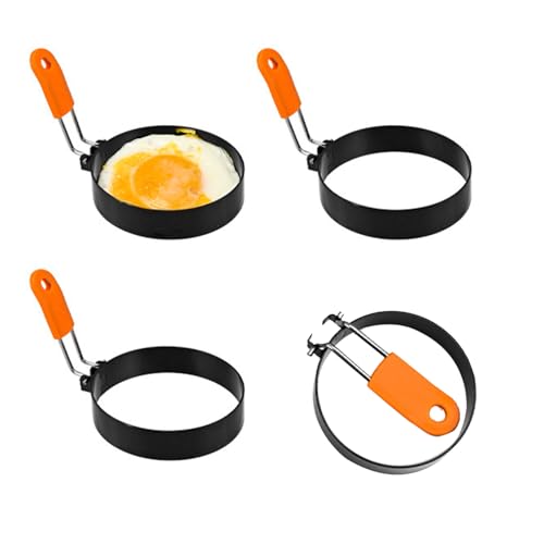 Confezione da 4 anelli per uova da 8,9 cm, con manici in silicone, stampo rotondo antiaderente per uova fritte, pancake, muffin inglesi, include spazzola per olio in silicone, ideale per grigliare