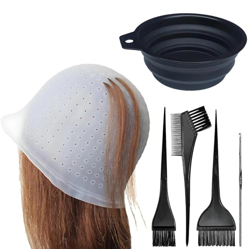 6 Stück Silikon Strähnchenhaube Set Silikon Highlight Kappe Haare Färben Zubehör mit Häkelnadel mit Haarfärbe-Kammwerkzeuge und Haarfärbeschale für Frauen und Mädchen Bläst Rosa (Weiß)