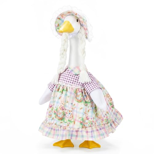 Chzhwlc 1 Set Easter Porch Goose Outfit with Bunny Eggs Carrot Hat and Dress Fits 23 Cement Plastic Goose Statue for Easter Holiday Outdoor Garden Yard Decor
