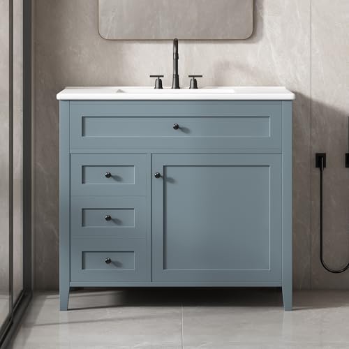 Image of 36 inch Bathroom Vanities with Top Set, Cabinet with Multi-Functional Tip-Out Drawer and Adjustable Shelf, Soft-Closing Door, Solid Wood Legs, Blue Gray