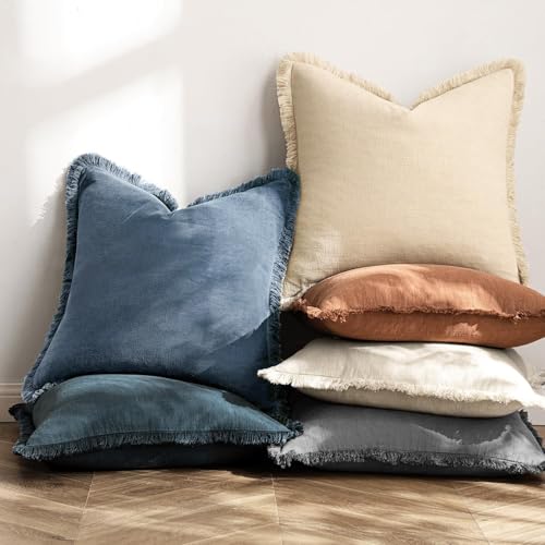 Image of MIULEE Decorative Lumbar Throw Pillow Covers Neutral Linen Fringe Throw Pillows Set of 2 Blue Ashes Boho Farmhouse Cushion Covers for Couch Sofa Bed Living Room Spring Home Decor 12x20 Inch
