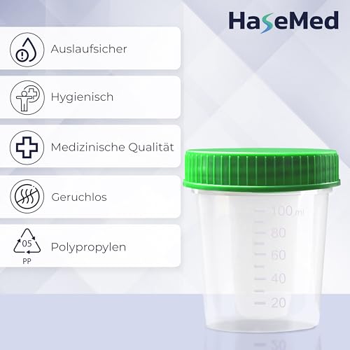3x HaseMed Premium Urinbecher Probenbecher | 125ml, Schraubverschluss Deckel, grün, graduiert bis 100ml, auslaufsicher, beschriftbar, gefriertauglich