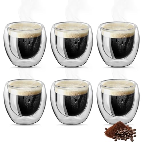 Hcunbsu Espressotassen 6er Set, Espresso Gläser, 80ml Doppelwandiges Kaffeegläser, Schwebeeffekt, Thermogläser, Hitzebeständiges Espressotasse, Cappuccino Gläser