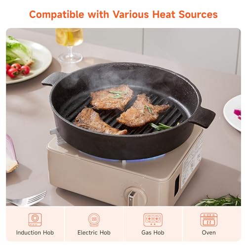 Warmiehomy Cast Iron Griddle Pan,24cm Pre-Seasoned Non-Stick Grill Pan,Round BBQ Cast Iron Skillet with 2 Handles for Gas Induction Electric Hobs and Oven Safe,Ridge Surface - Image 4