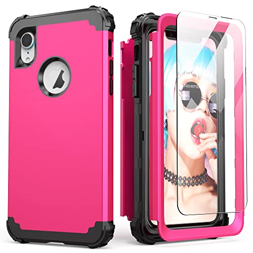 IDweel for iPhone XR Case with Tempered Glass Screen Protector, 3 in 1 Shockproof Slim Hybrid Heavy Duty Hard PC Cover Soft Silicone Bumper Full Body Case,Rose Red
