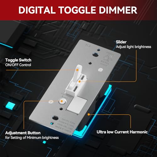 Image of AIDA Toggle Slide Dimmer Switch for Dimmable LED Light /CFL /Incandescent 600 Watt max, Single-Pole or 3-Way, Rocker On /Off Wall Switch with Dimmer Slider, Wall Plate NOT Included, UL, White, 2 Pack