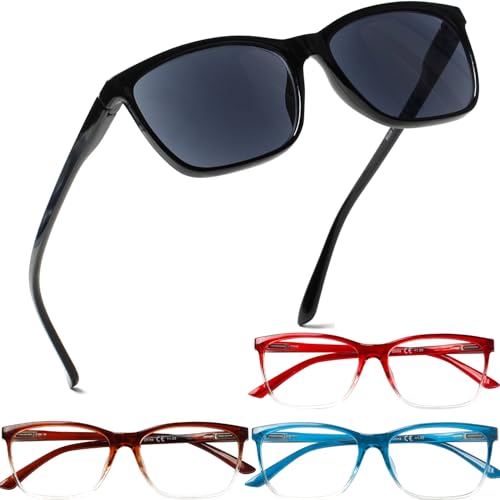 Image of Henotin 4 Pack Ladies Reading Glasses Blue Light Blocking Spring Hinge Readers Anti Eyestrain Computer Eyeglasses (Mix Color, 3.0)