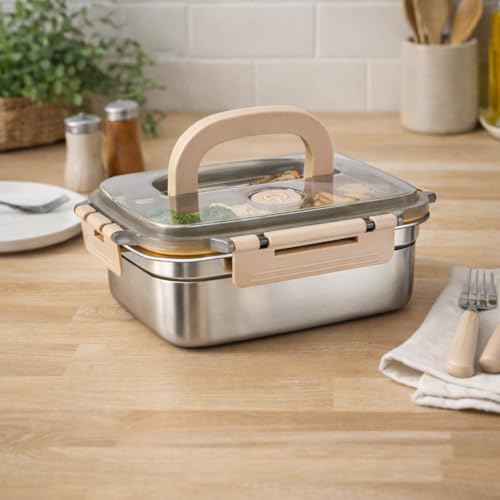 Image of YELONA Stainless Steel Lunch Box 2200ml with Handle, Airtight Leakproof Food Storage Container for Office, Travel, Meal Prep, Curry, Rice, Snacks & Kitchen Use