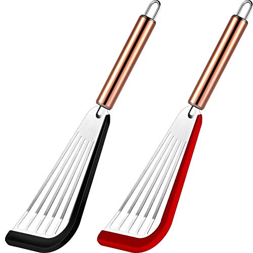 2 Pieces Slotted Spatula Flexible Stainless Steel Spatula with Silicone Top, Golden Handle (Black and Red)