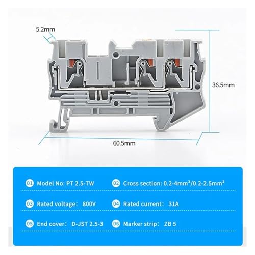 Conectores de cable sin tornillos PT 2.5-TWIN con resorte para riel DIN, pack de 50 2