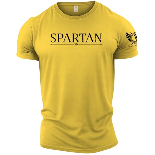 GYMTIER Spartan Forged Spartan Fitness T Shirt für Herren, Bodybuilding, Training, Training, Lifting, Bekleidung, Gelb, XL