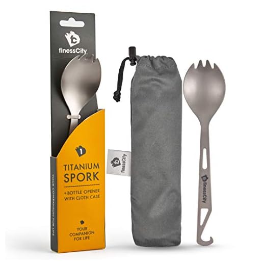 1 cuillère-fourchette en titane avec décapsuleur extra solide et ultra léger (Ti), sain et respectueux de l'environnement, cuillère et fourchette pour voyage/camping dans un étui en tissu facile à ranger