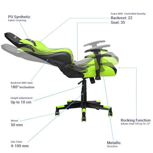 Image of Ant Esports 9077 Ergonomic Gaming Chair, Multifunctional Gaming Chair with Premium PU Leather Upholstery, 2D Armrest, Integrated Neck and Lumbar Support, & 180 Recline - Back & Green