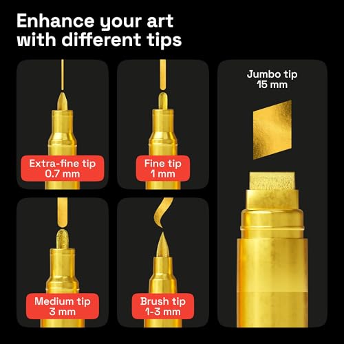 Image of ARTISTRO 5 Gold Paint Pen for Rock, Glass, Ceramic, Wood, Tire, Fabric, Metal, Canvas, Marking, Painting - Set of 5 Acrylic Paint Markers Water-based - Different Tips