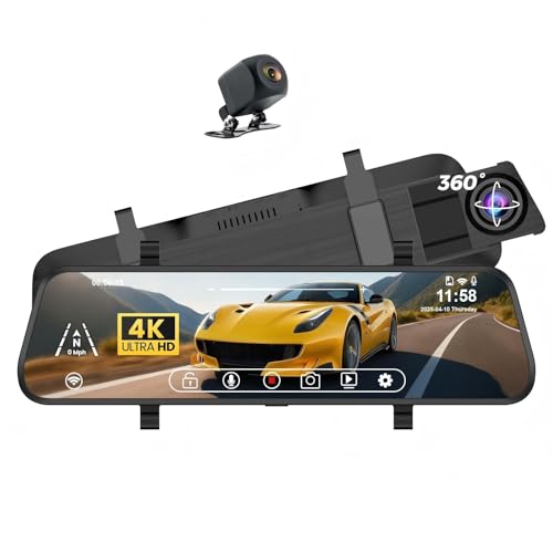 4K Mirror Dash Cam Front and Rear, 10'' Touch Screen Rear Digital View 1080P Mirror Camera for Cars, 170° Night Vision, WDR, 24H Parking Monitoring/Rerverse Assist/Trucks with Voice Control/G Sensor