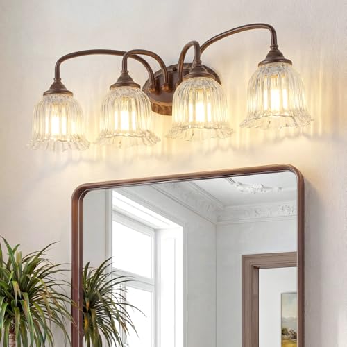 Image of Oil Rubbed Bronze 4-Light Bathroom Light Fixtures with Floral Glass Shade | Vintage Vanity Lights Wall Sconces Over Mirror for Bathroom Powder Room