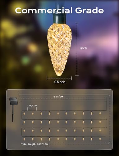 Brightown Solar Operated C6 Strawberry String Lights, 39ft 100 LEDs Warm White LED Christmas Fairy Lights, Solar Christmas Lights Outdoor, Christmas Decorations for Christmas Tree, Garden Decor