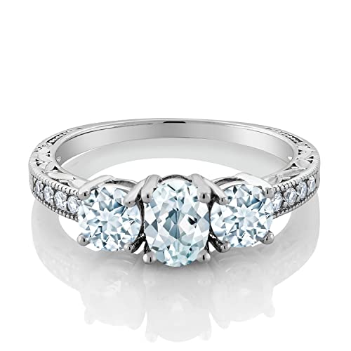 Gem Stone King 925 Sterling Silver Sky Blue Aquamarine 3-Stone Engagement Ring For Women (1.87 Cttw, Oval Available In Size 5, 6, 7, 8, 9) #TOP22