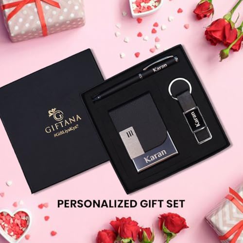 Image of Giftana Personalized Card Holder with Pen, Keychain with Name, 3 in 1 Customized Pen, Card Holder, Keychain Gift Set, Personalised Gifts for Husband, Diwali Corporate Gifts for Employee (Black)