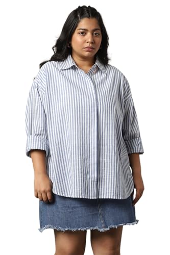 Image of HIGH Star Oversized Striped Cotton Shirt for Women | Stylish Tops for Women | Comfortable and Trendy Casual Shirt