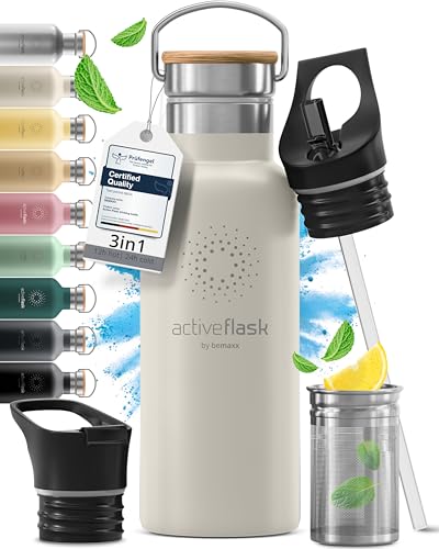 Botella de Agua Térmica ACTIVE FLASK + Pajita (3 Tapones) sin BPA - 1l & 500ml | Frasco Termo de Acero Inoxidable + Aislamiento Vacío | Cantimplora Aislada Bicicleta Deporte Caliente Fría Café Té
