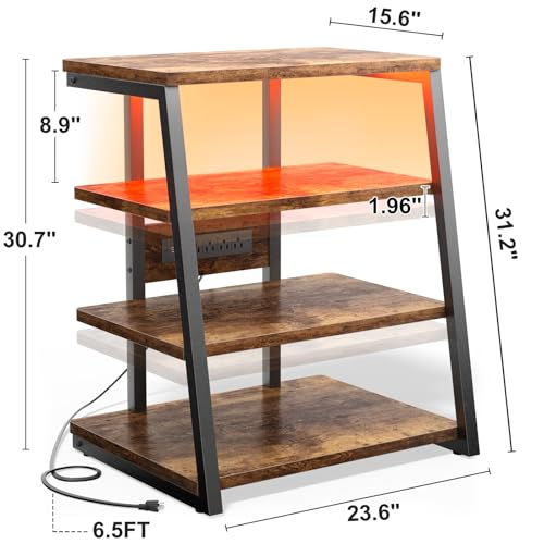 AV Media Stand with Outlets, Media Console with LED Lights, Stereo Racks and Stands with Storage Shelves, Media Audio Tower Cabinet, Rustic Brown - Image 4