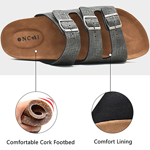 Oncai Mens Slides, Soft Leather With Adjustable Buckle Strap Summer Beach Florida Sandals And Cushion Cork Rubber Footbed Grey Size 12 #TOP3