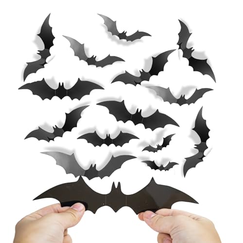Lot de 60 décorations murales chauves-souris d'Halloween en PVC - 4 tailles - Noir - Pour décoration de fête d'Halloween, intérieur ou extérieur