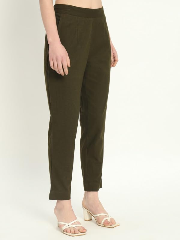 Image of Women's Solid Straight Fit 100% Cotton Trousers | High Waist, Side Pockets, Ankle Length Pants for Office, Casual