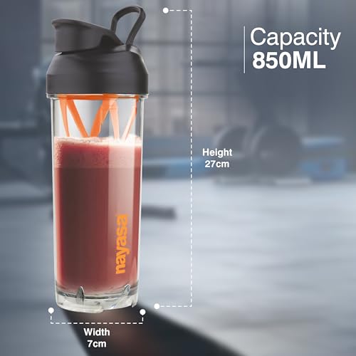 Image of Nayasa Sprint Gym Plastic Shaker Bottle 850 ML | Unbreakable Protein Shaker Bottle with Mixer | Pre Workout And BCAAs Gym Bottle, Leakproof Gym Sipper Bottle for Men & Women | Orange