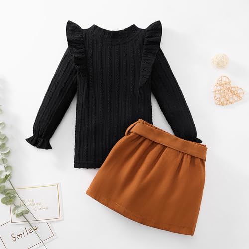 Image of Weixinbuy Toddler Girl Fall Winter Clothes Solid Long Sleeve Ribbed T-Shirt Knit Tops Plaid Button Mini Skirts Set Outfits