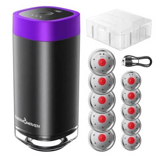 ThermoMaven Mason Jar Vacuum Sealer Kit with 10 Pcs Patented Reusable Lids, 4-in-1 Automatic Vacuum Sealer for Canning Jars, Vacuum Bag, Container, Wine Stopper, One-Handed, Auto-stop, purple