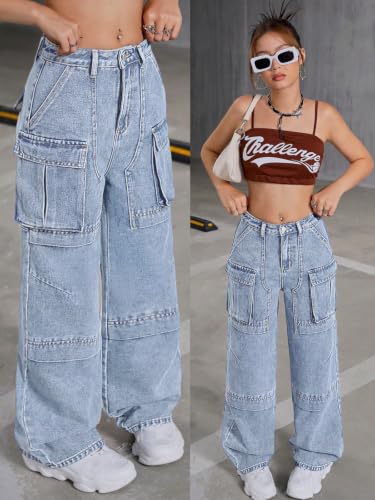 Image of GRECIILOOKS Women's Stretch Denim Wide Leg Jeans | Comfort Fit, Straight Cut, Casual Style | Baggy Cargo Style Casual Pants