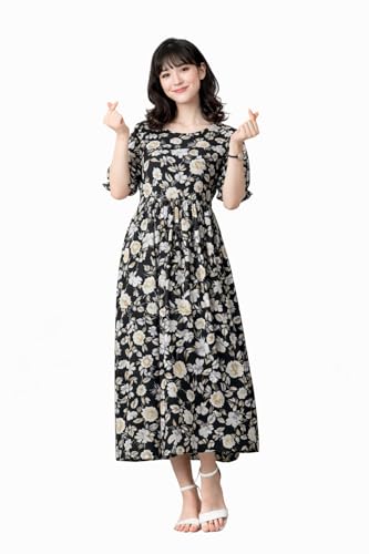 Image of Ichaa Women's Aqua Rayon Printed Maternity Dress with Feeding Zips and Pocket, in Plus Sizes