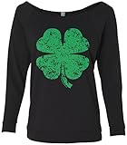 Threadrock Women's Distressed Green Four Leaf Clover Raw-Edge Raglan Shirt M Black