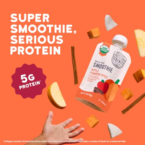 Image of Serenity Kids Organic Apple Pumpkin Spice Pouch, Toddler Snacks, 3.5 OZ | 5g Grass-Fed Collagen Protein Smoothie, USDA Organic Dairy-Free, Breakfast Smoothie, Travel Snacks, Gluten Free Snacks