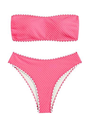Image of ZAFUL Women's High Cut Bandeau Bikini Set Strapless Solid Color 2 Pieces Bathing Suit Swimsuit (9-Rose Red,M)