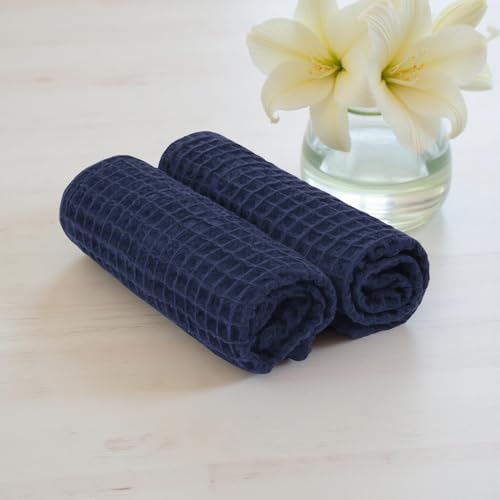 Image of HAMELIN The Ezra Waffle Face Towel Set| Cotton Lightweight Anti Microbial & Water Absorbent | Softer Touch Quick Drying Towels | Durable & Long Lasting | Blue | 31 cm x 31 cm | Pack of 2
