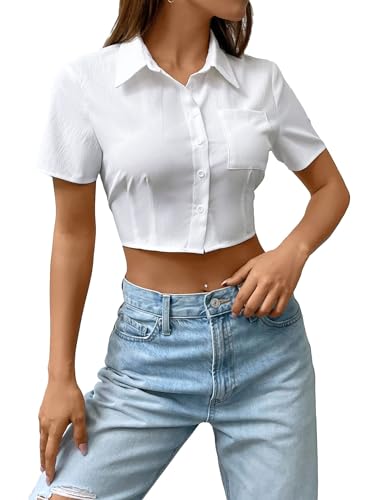 SHENHE Women's Short Sleeve Button Up Shirt Casual Collared Cropped Button Down Top