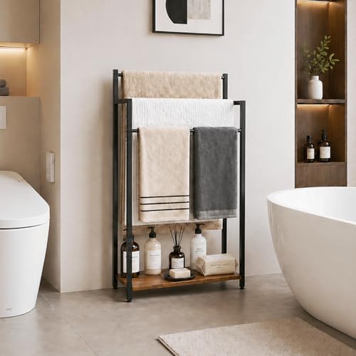 169-W-Freestanding-Towel-Rack-with-Rustic-Brown-Wood-Shelf-3-Tier-Blanket-Ladder-Stand-for-Bathroom-Living-Room-Metal-Frame315H-x-169W-x79D