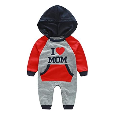 Boys Rompers, SHOBDW Infant Baby Girls I Love DAD/I Love MOM Embroidery Letter Long Sleeve Hooded Jumpsuit Outfits Gifts (6-12 Months, I Love MOM) Cover